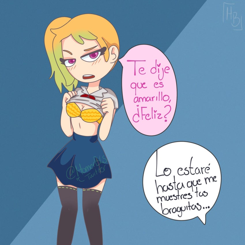 1girls ann_chica_(fnafhs) bikini blonde_hair chica_(fnafhs) fhs fhsz3r0 fnafhs fnafhs_z3ro green_hair homerbls purple_eyes sole_female spanish_text text text_bubble two_tone_hair yellow_bikini