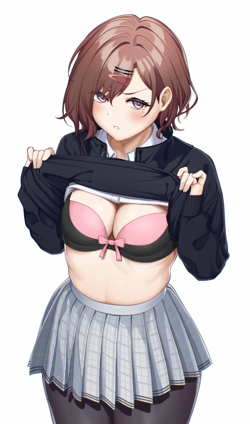 1girls anony_83 blush breasts brown_hair eye_contact female higuchi_madoka idolmaster looking_at_viewer pantyhose presenting presenting_breasts shirt_lift short_hair skirt solo standing the_idolm@ster the_idolm@ster_shiny_colors white_background