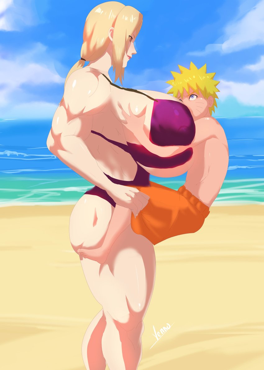 age_difference beach big_breasts big_butt big_dom_small_sub blonde_hair breast_grab breast_squeeze female_holding_male mature_female milf muscular muscular_arms muscular_female muscular_legs muscular_thighs naruto naruto_(series) naruto_shippuden older_female size_difference smaller_male smile thick_thighs tsunade uzumaki_naruto venno younger_male