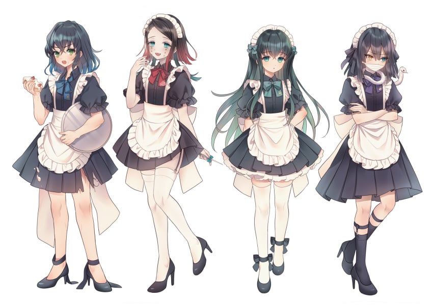 4boys alternate_costume androgynous apron aqua_eyes black_hair black_socks blush crossdressing crossed_arms dark_hair demon_slayer enmu femboy full_body garter_straps girly green_eyes heterochromia high_heels iguro_obanai inosuke_hashibira kimetsu_no_yaiba la_kokiii long_hair looking_at_viewer maid_headdress maid_uniform male male_only mouth_mask muichiro_tokitou multicolored_hair not_porn pale_skin ripped_clothing safe safe_for_work sfw snake socks standing thighhighs torn_clothes two_tone_hair white_legwear white_thighhighs zettai_ryouiki