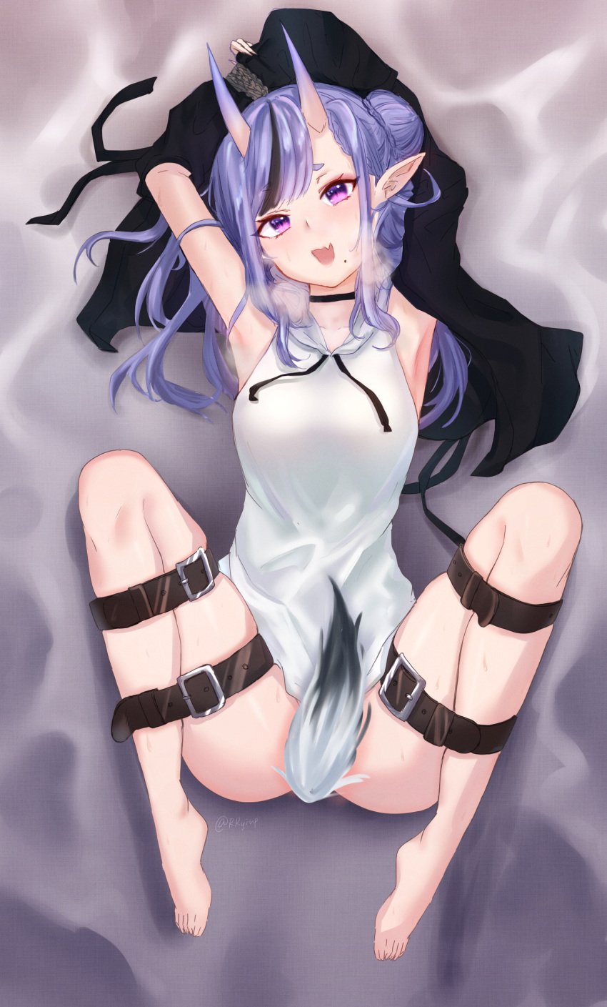 1girls beauty_mark bondage demon_girl demon_horns laying_down nijisanji oni oni_horns pointy_ears purple_eyes purple_hair rindou_mikoto rryiup tail tail_censor thick_thighs thighs virtual_youtuber