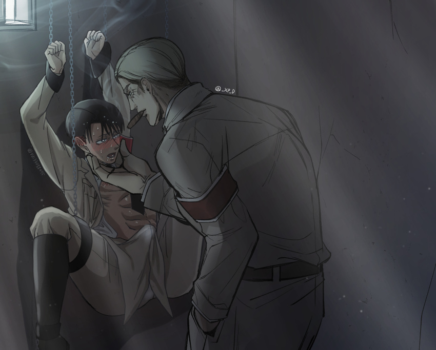 2boys _xp_d arm_band arms_up attack_on_titan blonde_hair blush bulge bulge_through_ chains clenched_hand clothed clothing dominant_male erection erection_under_clothes erwin_smith gay handcuffs legs_apart levi levi_ackerman male male/male male_only open_clothes open_mouth shingeki_no_kyojin smoking suspension sweat sweatdrop tagme tied_up yaoi