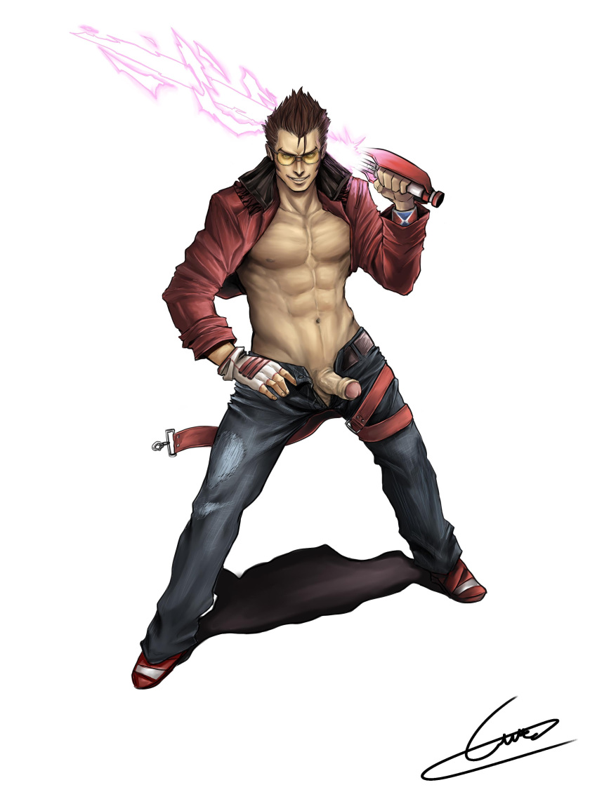 1boy black_hair erection eyewear fight_boner glasses gloves glowing_weapon jeans male male_only muscular muscular_male no_more_heroes partially_clothed pecs penis smirk solo suda_51 travis_touchdown uncut weapon weapon_over_shoulder