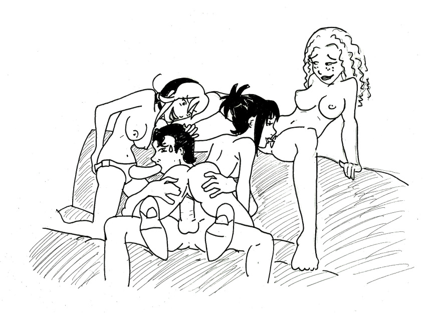 1boy 3girls black_and_white couch couch_sex cunnilingus curly_hair female foursome gary_thompson male menage_a_3 mfff_foursome sandra_arden sex sketch strap-on sucking_strap-on suzi_nielsen topknot webcomic yuki_oyama zii