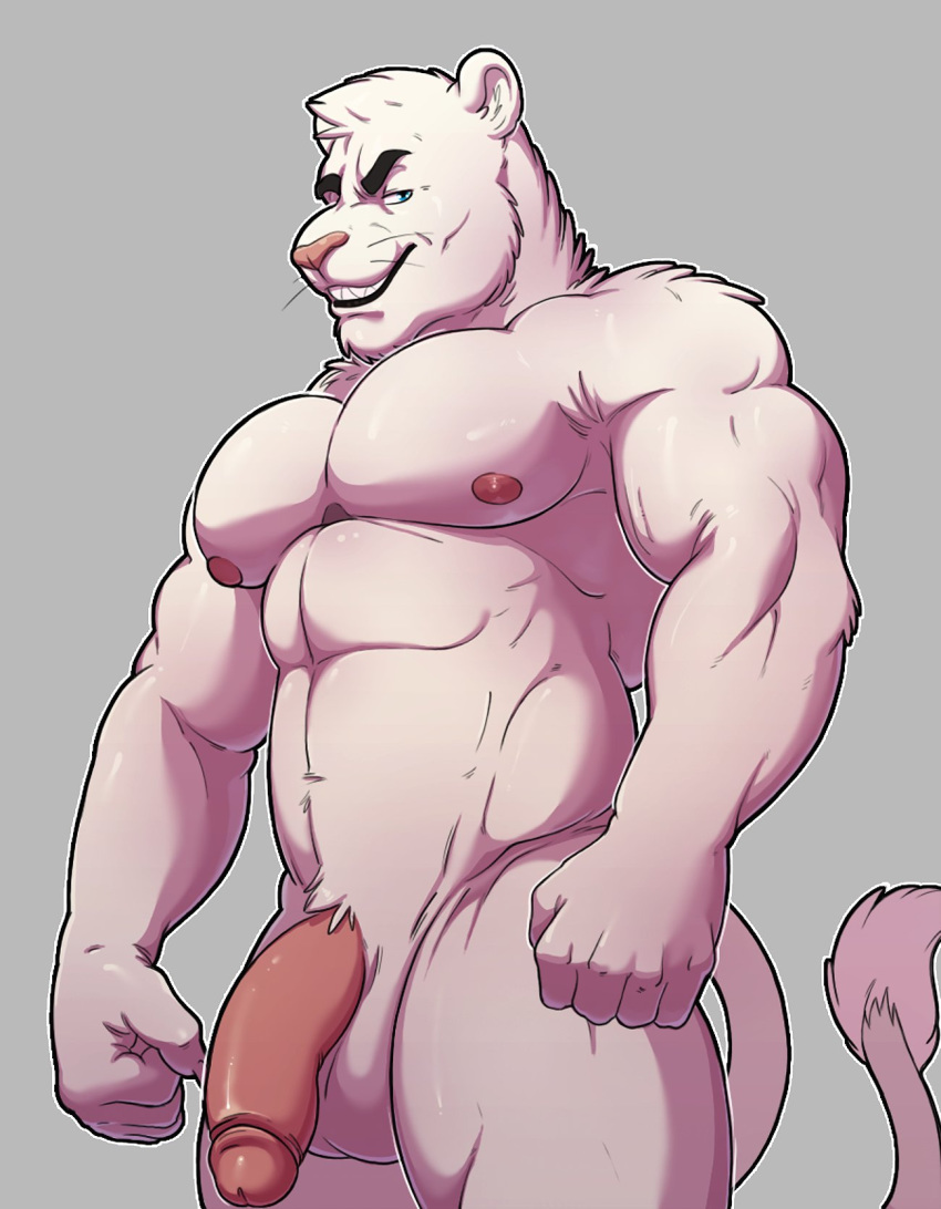 2017 5_fingers abs anthro balls biceps biped black_eyebrows blue_eyes chris_zorn digital_media_(artwork) eyebrows feline flaccid front_view fur glans grey_background grin head_tuft hi_res humanoid_penis knuxlight lion looking_at_viewer male male_only mammal muscular muscular_male nipples nude pecs penis pepsi_(fa) pink_nipples pink_nose pink_penis portrait simple_background smile solo standing tail_tuft teeth three-quarter_portrait tuft whiskers white_balls white_fur white_lion white_tail