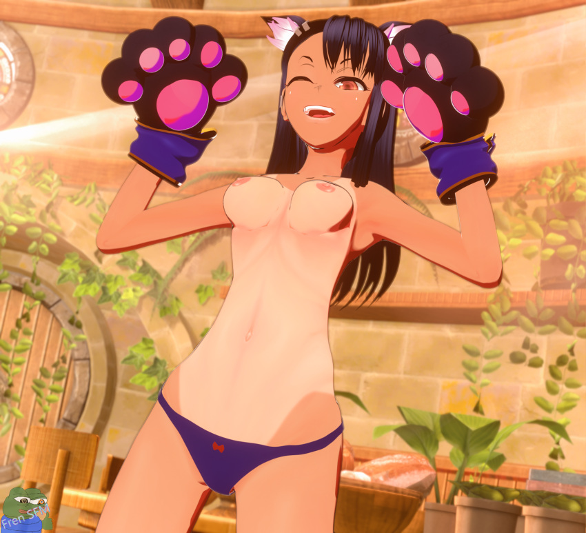 1girls 3d 3d_(artwork) black_hair blender breasts brown_eyes cat_ears catgirl cheerleader cheerleader_uniform female female_focus female_only frensfm hayase_nagatoro hi_res long_hair nipples open_mouth please_don't_bully_me,_nagatoro pose simple_background small_breasts solo standing sweat tanline tanned watermark wink