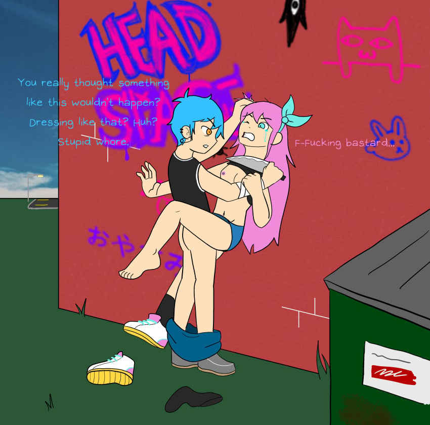 1boy 1girls ass aubrey_(omori) barefoot blue_eyes blue_hair breasts crying english_text exalteduriel feet female femsub forced graffiti knife male maledom nipples omori one_shoe outdoor_sex outdoors pants_down penetration pink_hair rape sex sunburn_(omori) sunny_(omori) teenager text threatening yellow_eyes