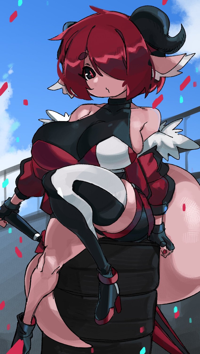 1girls confetti curved_horns dragon_ears dragon_girl dragon_horns dragon_tail female female_only fingerless_gloves hair_over_one_eye heels hi_res horns leotard looking_at_viewer medium_hair mehri_(consoflonka) original race_queen red_eyes red_hair sideboob sitting sky slit_pupils solo solo_female tail thighhighs umbrella zanamaoria