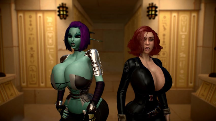 2girls 3d alternate_breast_size athletic athletic_female avengers bare_shoulders big_breasts black_widow_(marvel) blue_skin breasts bust busty cleavage curvaceous curvy elf elf_ears elf_female elf_girl female garry's_mod hair heterochromia hips humanoid indoors large_breasts leather legs lips long_ears long_pointy_ears marvel marvel_comics natasha_romanoff pointy_ears purple_hair s.h.i.e.l.d. scarlett_johansson sequence shadow66 short_hair soria thick_lips unreal_tournament virtamate voluptuous waist wide_hips