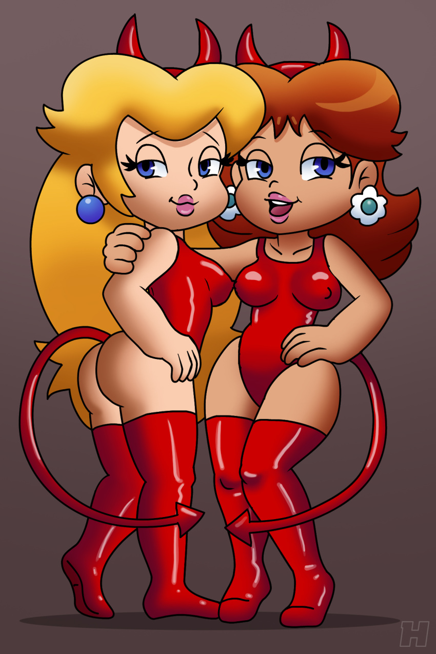 2girls alternate_version_available ass bedroom_eyes blonde_hair blue_eyes breasts butt devil_horns devil_tail duo earrings eyebrows_visible_through_hair female female_only flower_earrings ginger_hair hakimurax half-closed_eyes leotard light-skinned_female light_skin lips lipstick long_hair mario_(series) multiple_girls nintendo nipples pink_lipstick princess_daisy princess_peach seductive_look seductive_smile self_upload shoulder_length_hair tail tan-skinned_female tan_skin thick thick_hips thick_thighs wide_hips