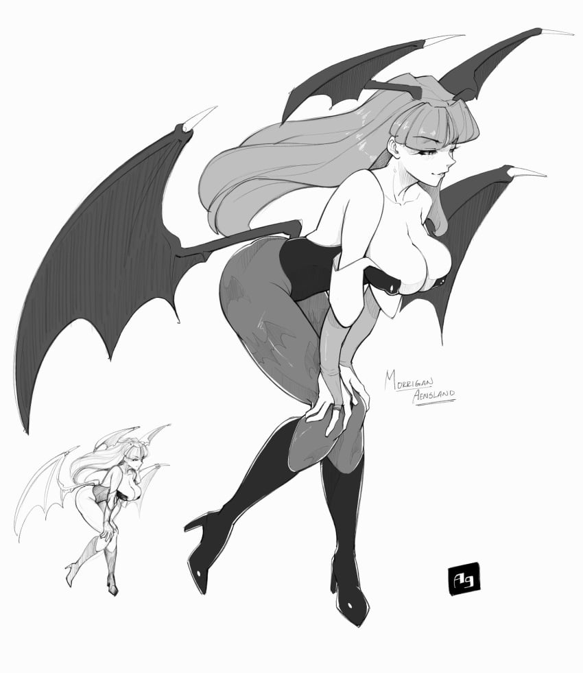 aeyga blank_background clothing darkstalkers demxxx erect_nipples erect_nipples_under_clothes greyscale head_wings large_breasts morrigan_aensland succubus