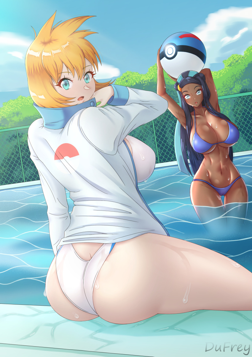 2girls aged_up ass big_ass big_breasts bikini blue_eyes breasts dufreyjupiter female female_only kasumi_(pokemon) long_hair looking_at_viewer looking_back misty_(pokemon) misty_(pokemon_hgss) nessa_(pokemon) nintendo orange_hair pokemon pokemon_gsc pokemon_hgss pokemon_ss pool short_hair sitting swimsuit thick_thighs thighs two_tone_hair