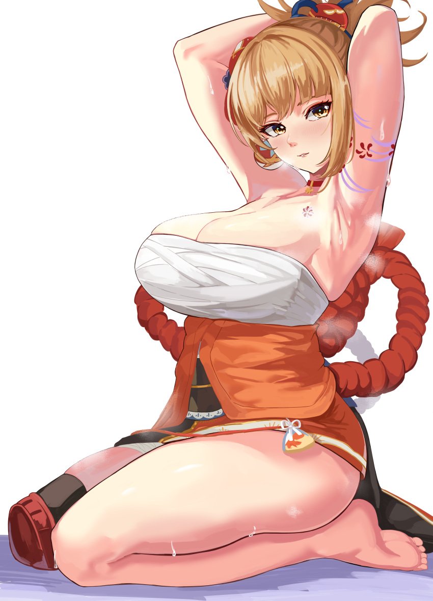 1girls 2021 armpits arms_behind_head arms_up bandages bare_legs barefoot blonde_hair blush body_markings breasts cleavage clothed clothed_female feet female female_focus female_only genshin_impact gold_eyes hair_ornament hi_res hips huge_breasts kneeling looking_at_viewer loooyd sexy_armpits slim_waist steam steaming_body sweat sweaty_body thick_thighs thighs tied_hair very_high_resolution wide_hips yoimiya_(genshin_impact)