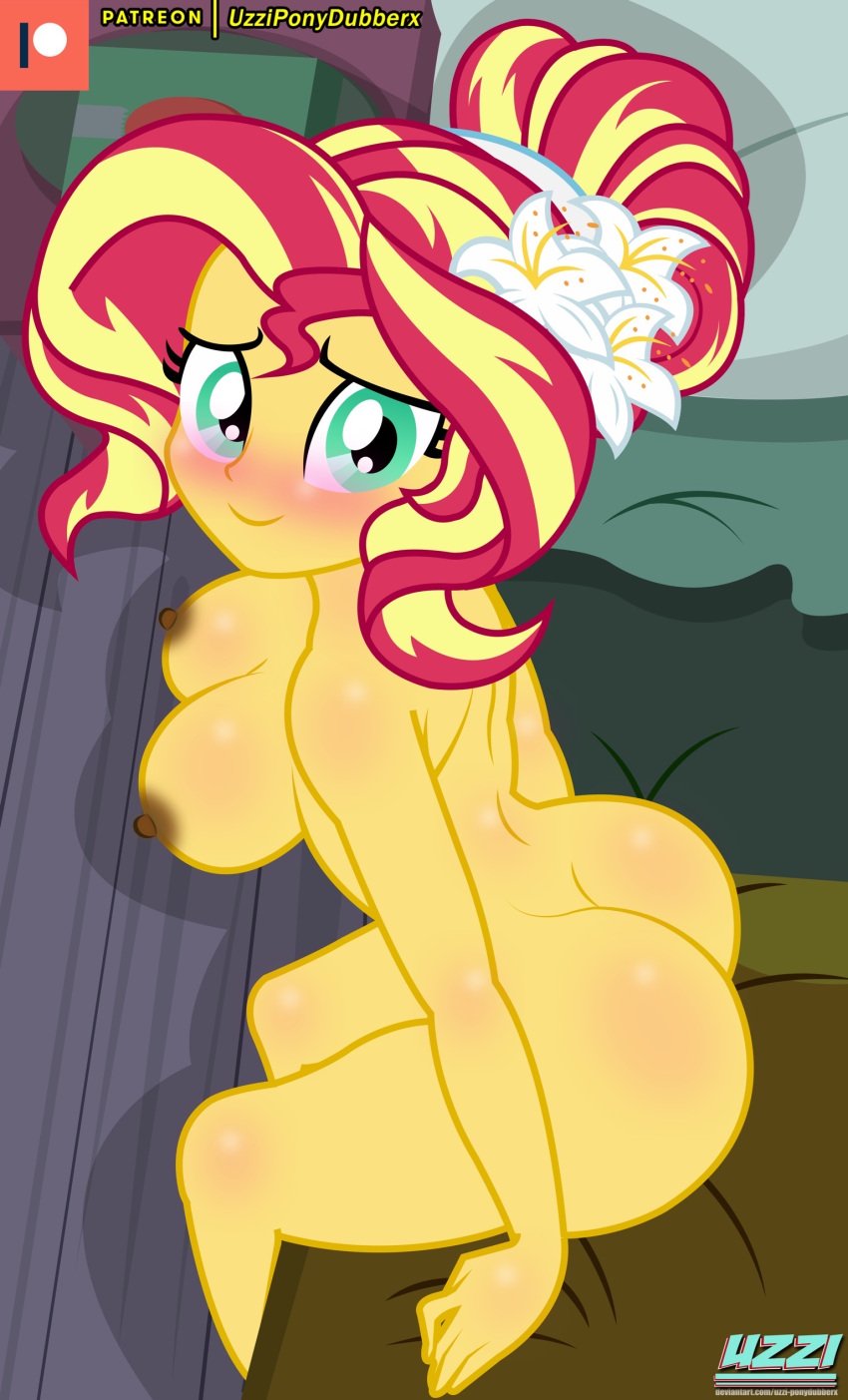 1girls areolae ass bed big_breasts blush breasts equestria_girls female female_only flower_in_hair friendship_is_magic hasbro hi_res highres looking_at_viewer my_little_pony nipples nude nude_female nudity sitting smiling_at_viewer solo solo_female sunset_shimmer uzzi-ponydubberx