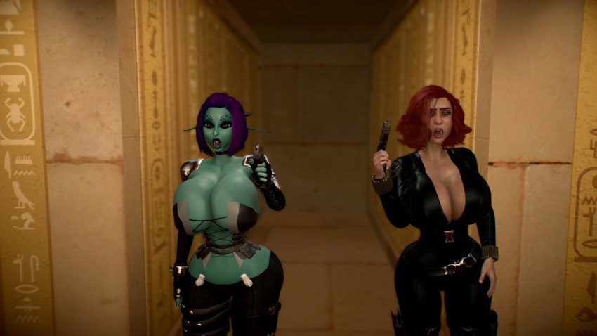 2girls 3d alternate_breast_size athletic athletic_female avengers bad_anatomy bare_shoulders big_breasts black_widow_(marvel) blue_skin breasts breasts_bigger_than_head bust busty cleavage curly_hair curvy elf elf_ears elf_female elf_girl female garry's_mod hair heterochromia hips human humanoid indoors large_breasts leather legs light-skinned_female light_skin lips long_ears long_pointy_ears marvel marvel_comics natasha_romanoff pointy_ears purple_hair s.h.i.e.l.d. sequence shadow66 short_hair soria thick_lips thigh_holster unreal_tournament virtamate voluptuous waist wasp_waist weapon wide_hips