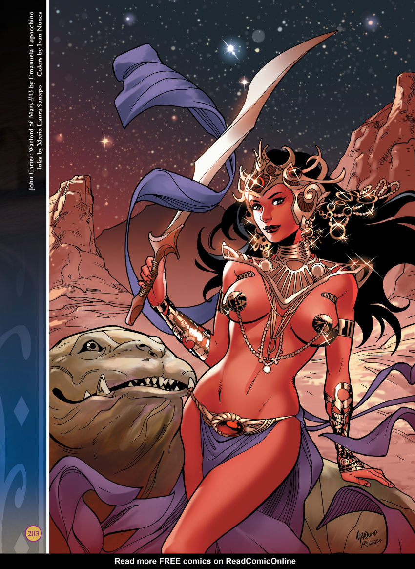 1girls a_princess_of_mars alien armlet barsoom black_hair bracelet dejah_thoris emanuela_lupacchino fit_female gold_pasties headdress holding_weapon hourglass_figure ivan_nunes john_carter_of_mars loincloth long_hair looking_at_viewer maria_laura_sanapo martian official_art pasties pet pink_skin royalty shoulder_armor silver_eyes sword