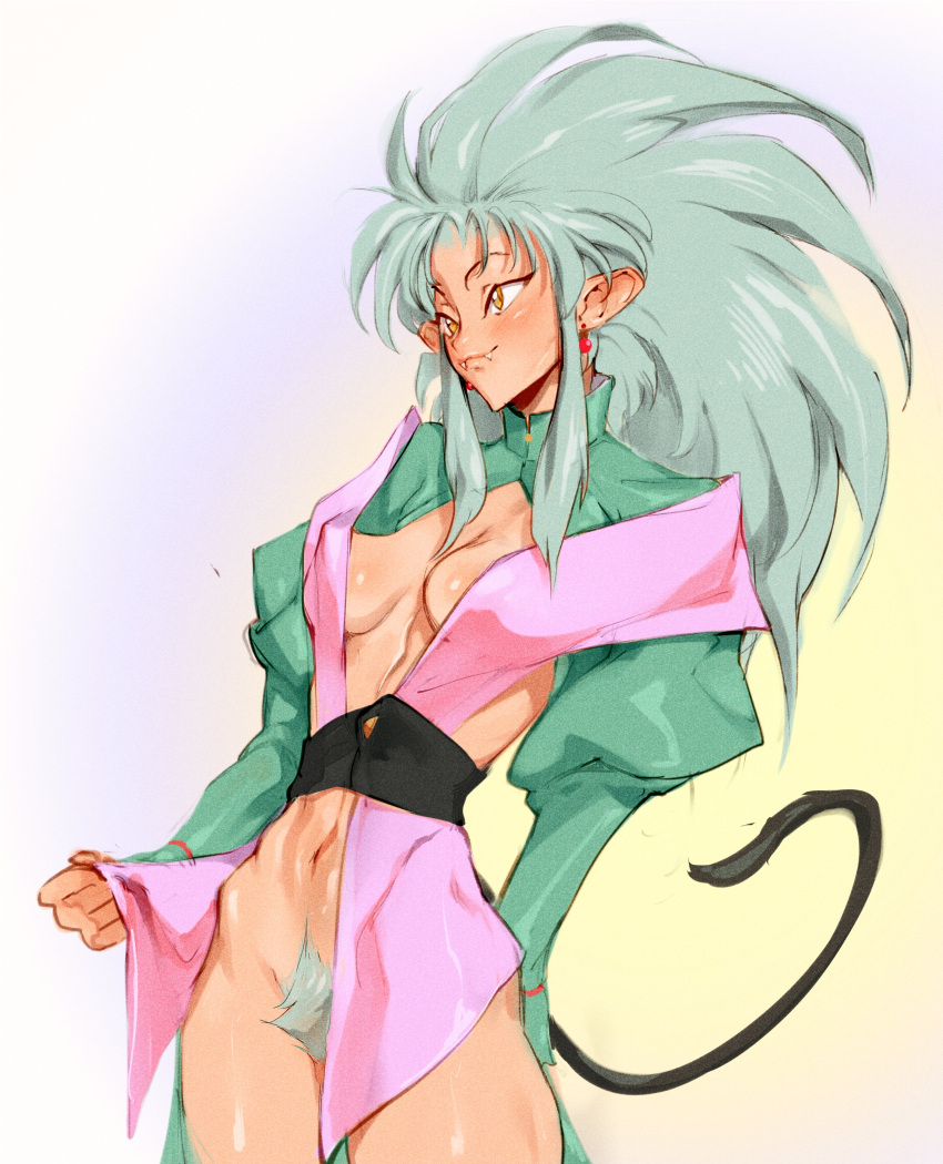 1girls absurd_res amber_eyes blush breasts cleavage_cutout clothing fangs female female_only green_hair green_pubic_hair humanoid long_hair no_panties partially_clothed pubic_hair ryoko_hakubi simple_background skinny skinny_girl skinny_waist slender_body slender_waist solo solo_female tail tenchi_muyo! venusflowerart