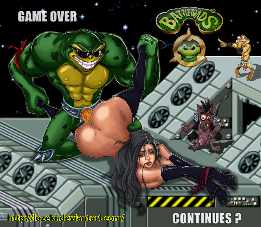 1boy 1girls ass battletoads black_hair blue_eyes bubble_butt busty dark_queen elbow_gloves female hourglass_figure long_hair lozeki male penetration rareware rash_(battletoads) sex tagme thigh_boots vagina vaginal vaginal_penetration vaginal_sex wide_hips