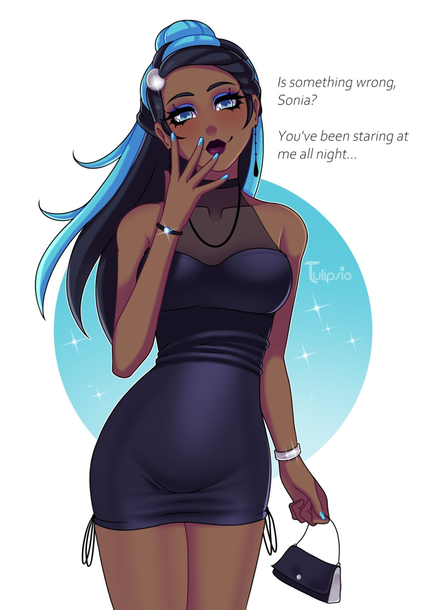 1girls black_body black_dress black_hair blue_hair clothed clothing dark-skinned_female dark_skin dress female fully_clothed looking_at_viewer nessa_(pokemon) nintendo pokemon pokemon_ss ponytail smiling_at_viewer solo tagme text tulipsie two_tone_hair