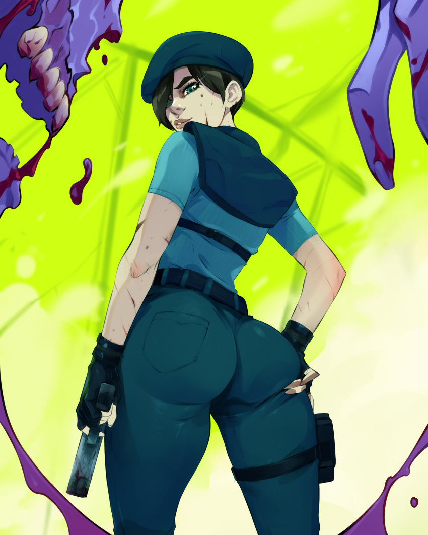 1girls absurd_res acht ass ass_grab back_view blue_eyes brown_hair capcom clothing dat_ass female female_only fingerless_gloves firearm green_eyes gun hat holding_gun human jill_valentine jill_valentine_(julia_voth) light-skinned_female looking_at_viewer looking_back momdadno police_uniform resident_evil scratches short_hair solo solo_female thick_thighs weapon zombie