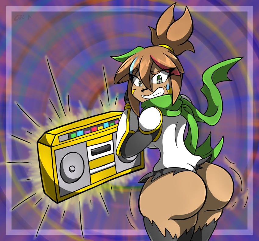 ass ass_expansion body_control boombox brown_hair butt_expansion dark-skinned_female female female_only gold_boombox_(prevence) green_eyes kiroxiii looking_back ninja oc rika_dimensional_ninja scarf sweatdrop thick_thighs torn_clothes twerk_hypnosis twerking unusual_pupils