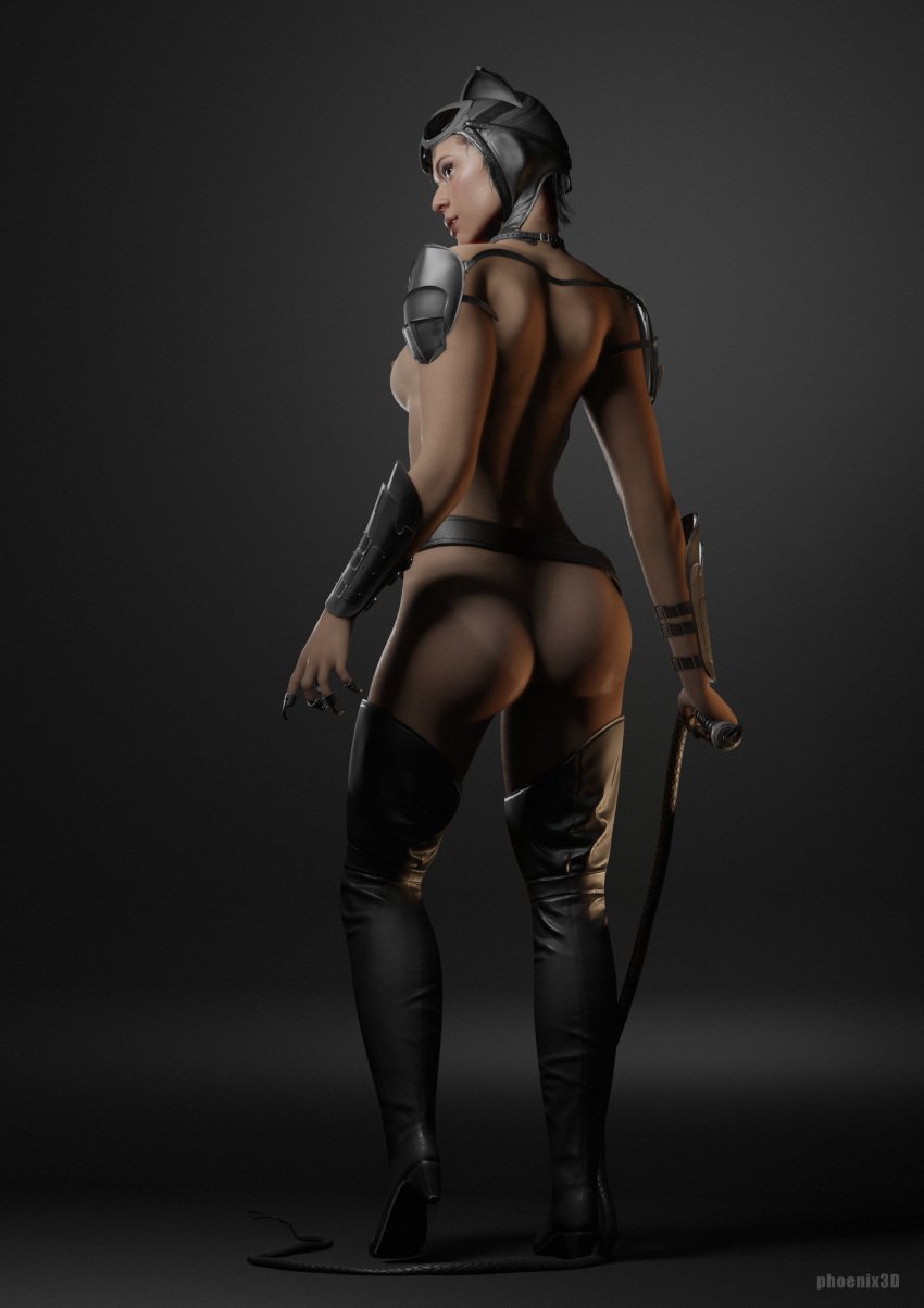 1girls 3d armor ass batman_(series) boots breasts catwoman catwoman_(injustice) dc dc_comics female female_only functionally_nude high_heel_boots injustice_2 knee_boots medium_breasts naked nipples phoenix3d pussy rear_view selina_kyle solo tagme tanline tanlines whip