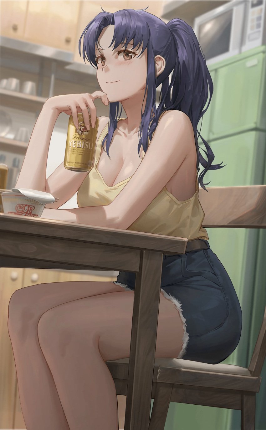 1girls 2020s 2021 absurd_res absurdres alcohol beer beer_can belt blush breasts brown_belt brown_eyes can chair cleavage clothed clothes clothing cup_ramen cupboards daisy_dukes denim_shorts ecstasy elbow_rest female_focus female_only female_solo finger_on_chin hi_res high_resolution highres indoors kitchen large_breasts legs_together long_hair manga messy_hair microwave milf misato_katsuragi navy_blue_bottomwear neon_genesis_evangelion older_female pinup ponytail purple_hair shiny_breasts shiny_hair shiny_skin short_shorts shorts side_view sitting sitting_on_chair smile smiling solo solo_female table tank_top tied_hair tomboy topwear wooden_chair wooden_table worm's-eye_view yellow_topwear yohan1754