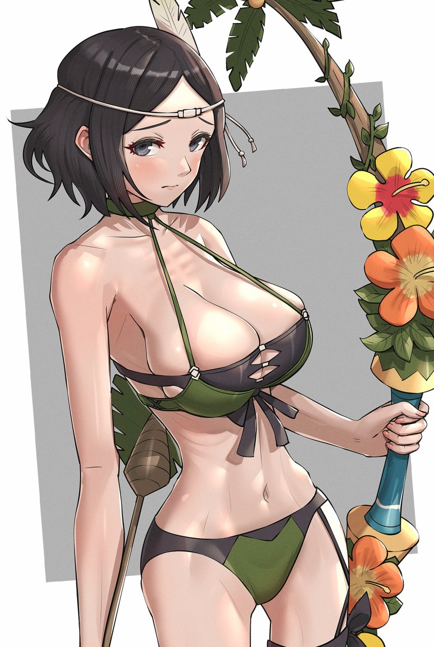 1girls absurdres alternate_costume armpits arrow_(projectile) bare_arms bare_shoulders bikini black_hair bow breasts cleavage feathers female fire_emblem fire_emblem_awakening fire_emblem_heroes frown gonzarez green_bikini green_swimsuit grey_background grey_eyes hair_ornament highres hourglass_figure large_breasts looking_at_viewer nintendo noire_(fire_emblem) noire_(summer)_(fire_emblem) official_alternate_costume ribs_over_breasts short_black_hair short_hair sideboob skindentation skinny solo swimsuit