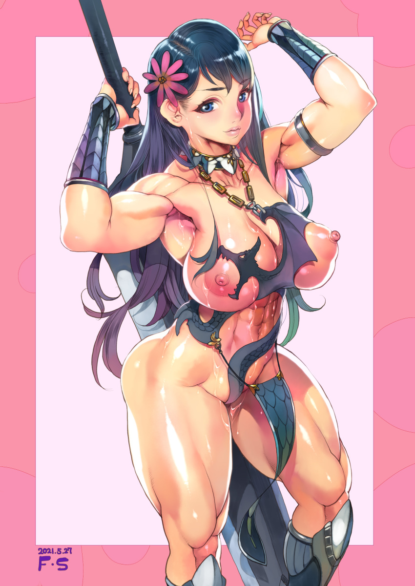 1girls abs absurdres areolae armlet armpits arms_up biceps bikini black_hair blue_eyes boots border breasts cattleya f.s. female female_only female_warrior flower flower_on_head highres holding holding_weapon huge_breasts lips looking_at_viewer muscular muscular_arms muscular_female muscular_shoulders muscular_thighs nipples queen's_blade revealing_clothes sexy_armpits solo sweat sweaty sweaty_armpits swimsuit sword thick_thighs thighs weapon younger