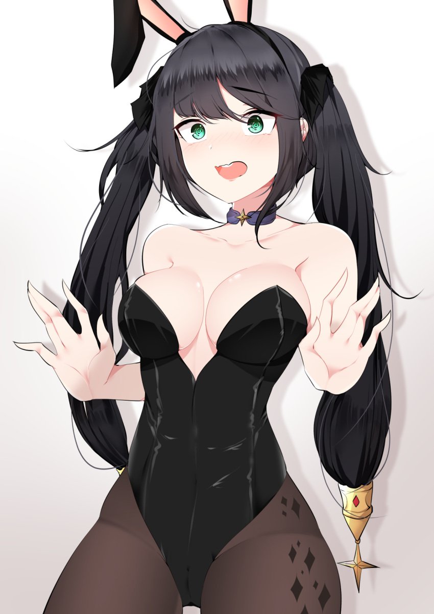 1girls alternate_costume aqua_eyes black_hair breasts bunny_ears bunnysuit female genshin_impact long_hair mona_(genshin_impact) open_mouth samip solo twintails vagina_visible_through_clothing white_background white_skin