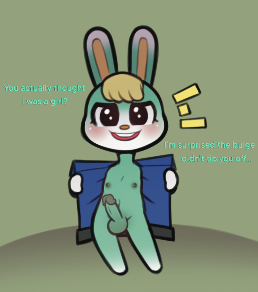 animal_crossing anthro balls black_eyes blonde_hair clothing dialogue edit english_text erection eyelashes flashing fur genitals girly green_body green_fur hair hi_res humanoid_genitalia humanoid_penis jacket lagomorph leporid looking_at_viewer male mammal nintendo open_mouth penis rabbit sasha_(animal_crossing) simple_background smile solo surprise talking_to_viewer text thehenwithatie topwear video_games