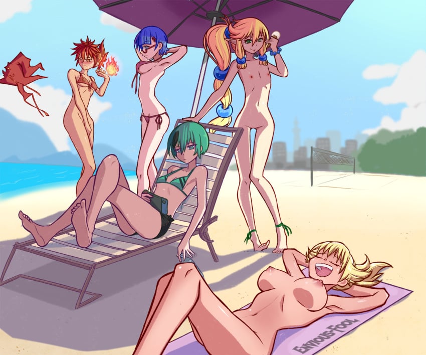 5girls beach belle_(envy) bikini blonde_hair blue_eyes blue_hair breasts electronics elf elf_ears elf_female envious_fool fire fire_magic flat_chest flat_chested foie_(envy) game_console gaming glasses handheld_game_console light-skinned_female long_hair luna_(envy) multiple_girls naked naked_female naked_in_public naked_on_the_beach natalie_(envy) nintendo_switch nipples nude nude_female nude_in_public nude_on_the_beach nudist pale-skinned_female pointy_ears red_eyes red_hair stealing stealing_clothes stealing_clothing stolen_bikini stolen_swimsuit trillium_(envy) yellow_hair