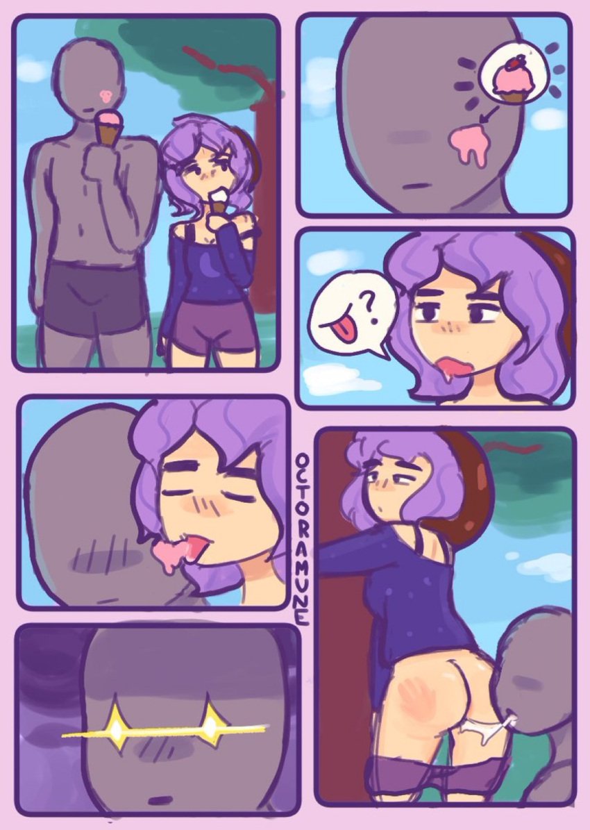 ass hat ice_cream ice_cream_on_face licking licking_face licking_pussy minicomic oc octoramune original_character public_exposure purple_hair pussy saliva saliva_trail shorts shorts_down straight tarolina_(octoramune)