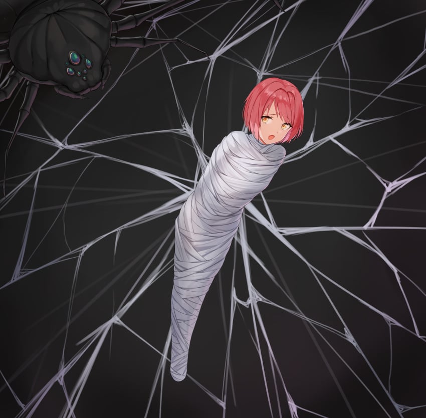 1girls anti_(0324) bondage bondage cocoon cocooned hi_res highres mummification pink_hair short_hair soccer_spirits spider spider_web web web_bondage webbing