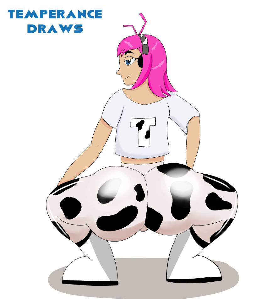 ass ass_expansion blue_eyes boots clothed cow_print cow_print_legwear dc female female_only headphones hypnosis kole pink_hair pinup short_hair simple_background smile teen_titans temperancedraws unaware yoga_pants