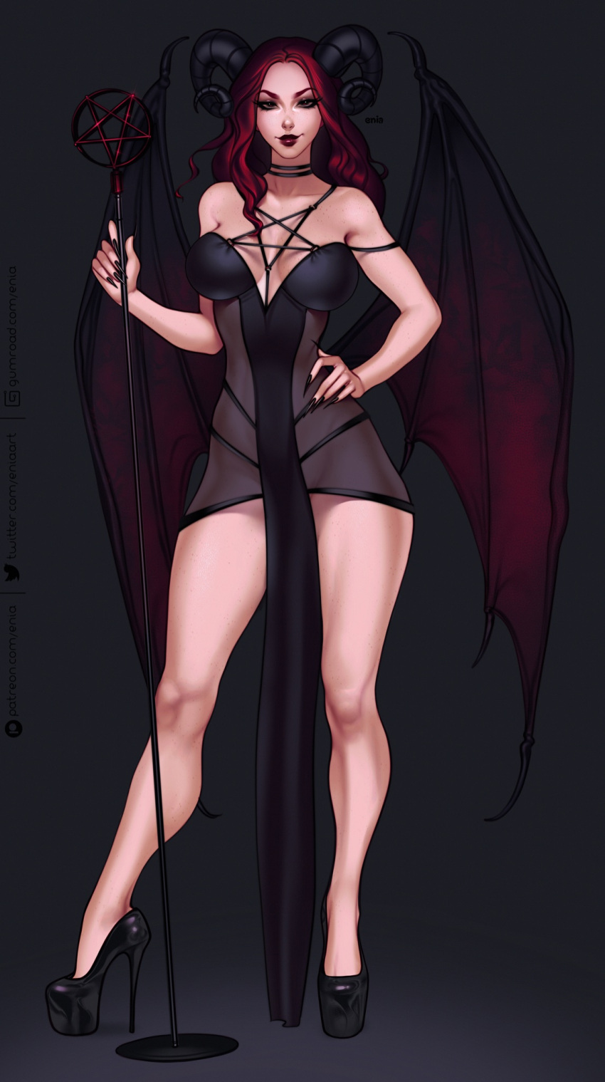 breasts demon_girl demon_horns demon_wings enia female highres horns original pentagram red_hair red_lips tagme wings