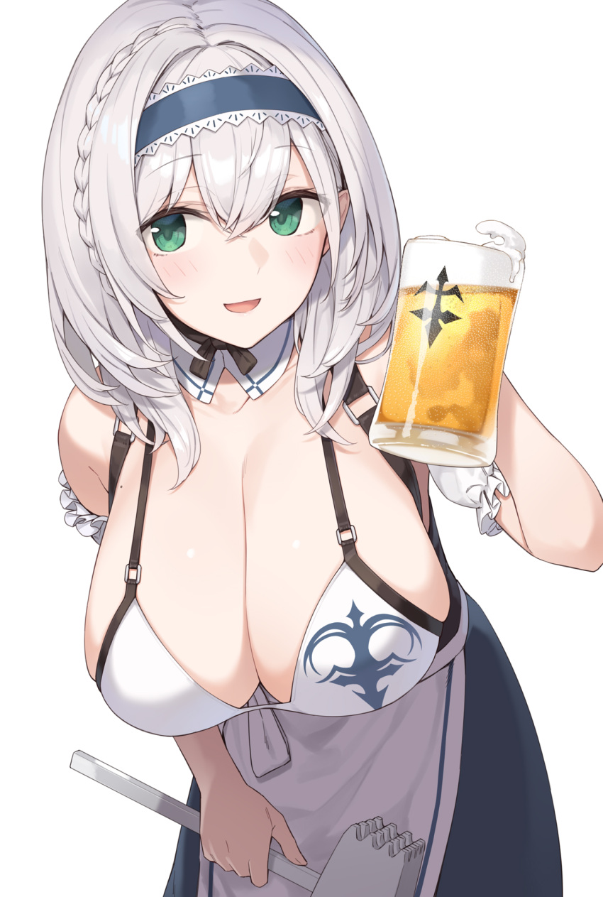 1girls beer beer_mug big_breasts braid breasts cleavage covered_nipples enosan eyebrows_visible_through_hair eyelashes female female_focus female_only green_eyes hairband hanging_breasts hololive hololive_fantasy hololive_japan huge_breasts mole mole_on_breast open_mouth shirogane_noel solo solo_female solo_focus virtual_youtuber white_background white_hair