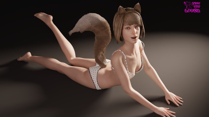 3d bra female fox_ears fox_tail life_is_strange lying_on_stomach max_caulfield panties simple_background small_breasts solo tagme tinytitlover white_panties