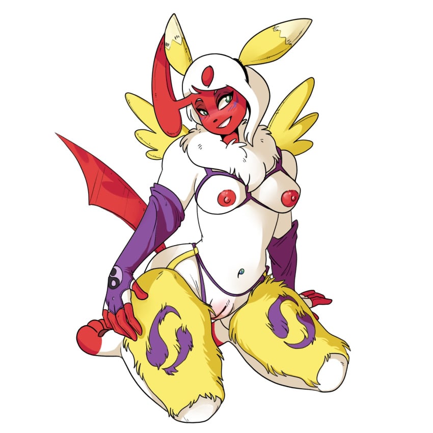 1:1 absol anthro ariesalpinesavi armwear bandai_namco breasts clothing cosplay costume crossover digimon digimon_(cosplay) digimon_(species) female genitals hi_res legwear nintendo pokémon_(species) pokemon pokemon_(species) pussy renamon renamon_(cosplay) shiny_pokemon solo solo_female video_games white_background