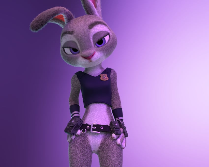 5:4 anthro bulletproof_vest clothing disney female flat_chest floofyboy genitals judy_hopps lagomorph leporid lustful_gaze mammal no_pants police_belt presenting presenting_pussy pussy rabbit solo zootopia