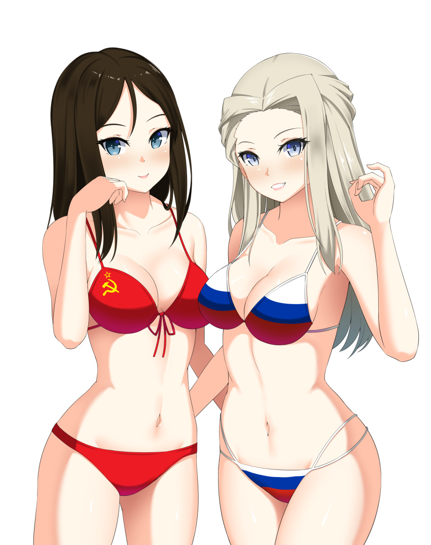 2girls absurdres artist_request bikini bikini_bottom bikini_top blonde_hair blue_eyes breasts brown_hair clara_(girls_und_panzer) flag_print girls_und_panzer hammer_and_sickle highres large_breasts looking_at_viewer medium_breasts midriff multiple_girls navel nonna russian_flag russian_flag_bikini smile source_request soviet soviet_flag swimsuit transparent_background