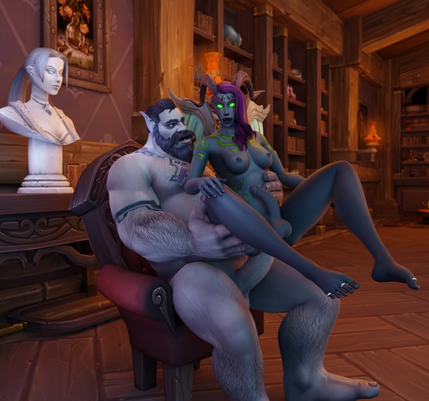 1boy 1futa 3d balls beard blue_skin book bookshelf breasts detailed_background duo futa_is_smaller futanari glowing_eyes horns human humanoid humanoid_penis interspecies kul_tiras male male_on_futa mrtaxman night_elf nude penetration penis sex sitting world_of_warcraft