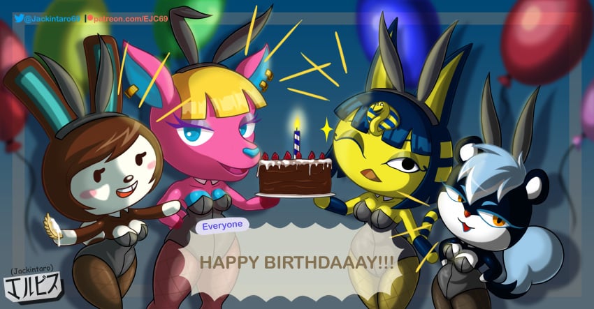 2021 animal_crossing ankha anthro birthday bunny_girl bunnysuit cake carmen_(animal_crossing) catgirl deer digital_media_(artwork) egyptian fuchsia_(animal_crossing) furry jackintaro nintendo squirrel tasha_(animal_crossing) text