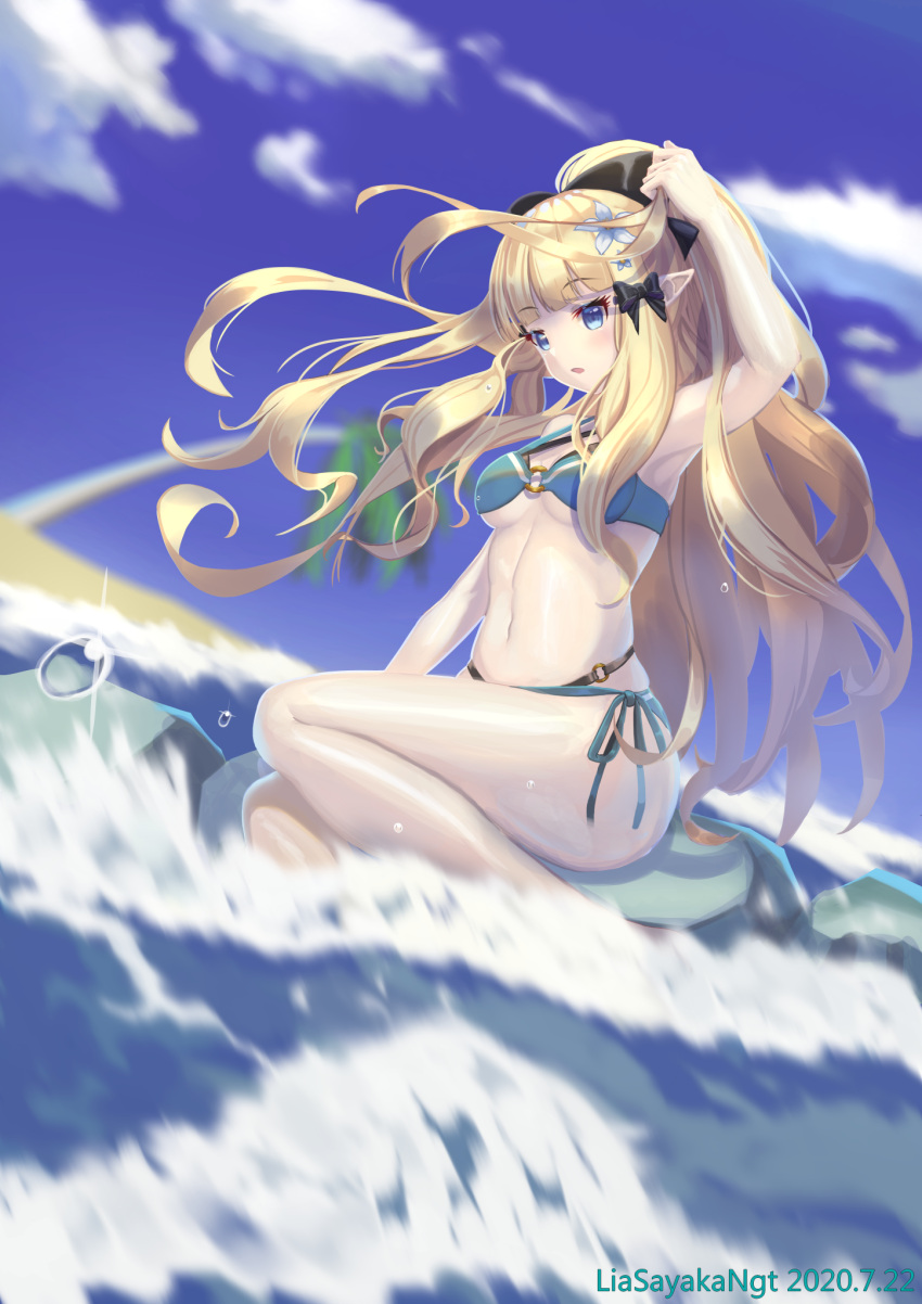 bangs bikini black_bow blonde_hair blue_eyes blush bow breasts elf eyebrows_visible_through_hair female female_only flower hair_flower hair_ornament hairbow high_resolution large_breasts liasayakangt long_hair looking_at_viewer medium_breasts open_mouth pointed_ears ponytail princess_connect! saren_(princess_connect!) sitting solo swimsuit t tied_hair