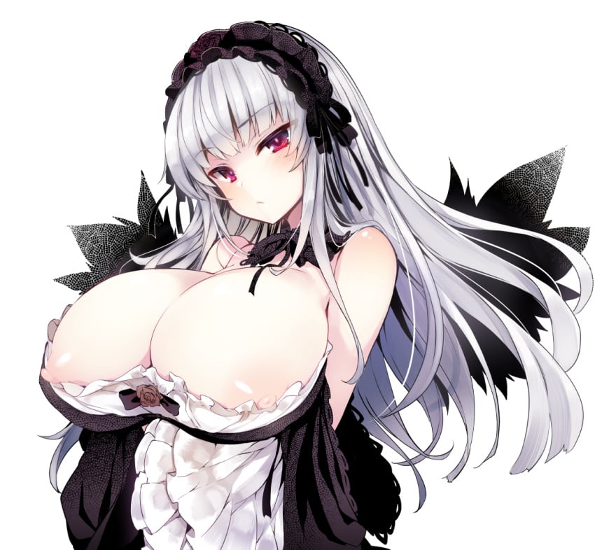 1girls areola big_breasts black_clothing black_dress doll doll_joints female long_hair nipples red_eyes rozen_maiden solo suigintou tagme tousen white_hair wings