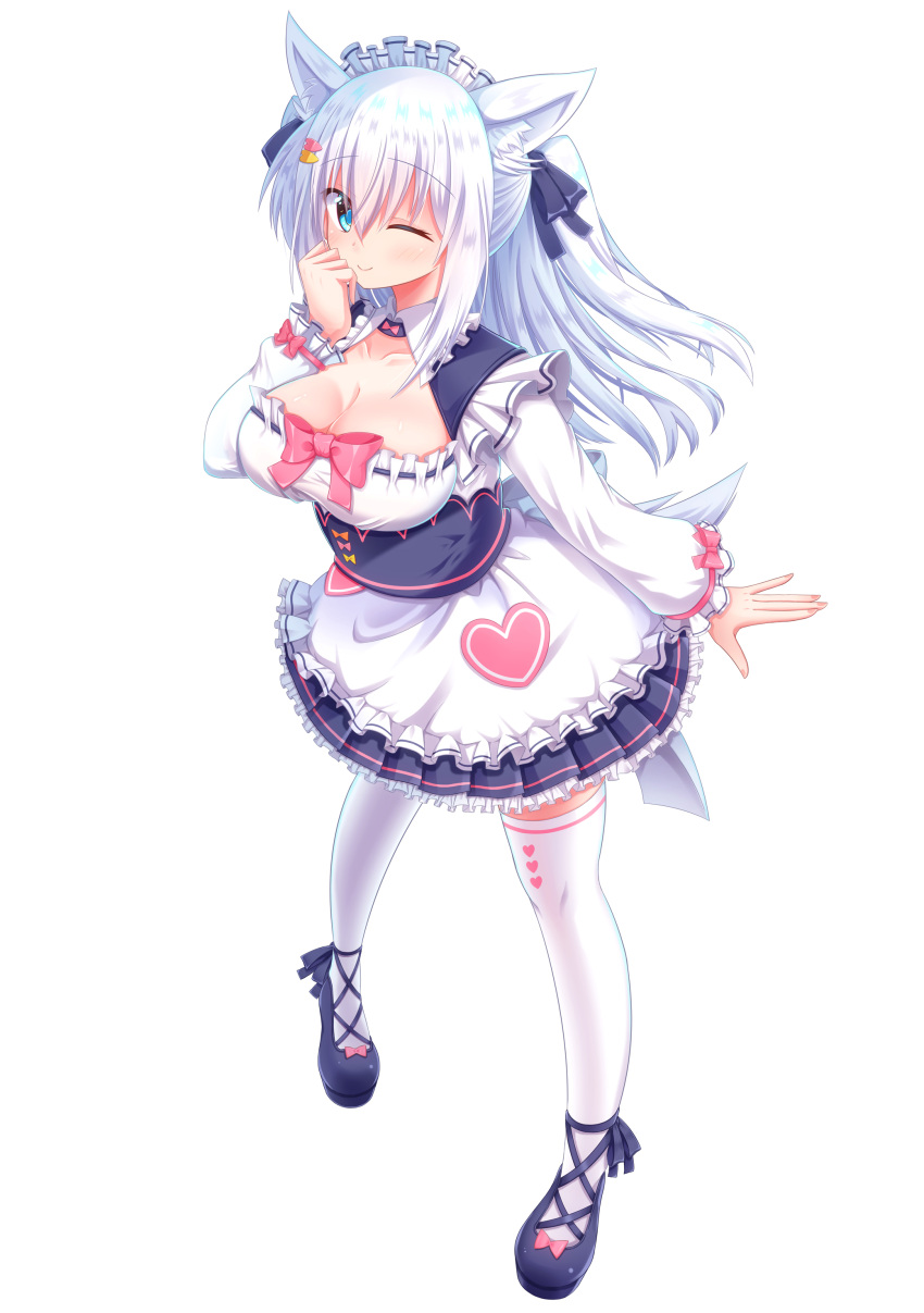 1girls alia_konjiki big_breasts blue_eyes breasts dog_ears dog_girl dog_tail maid maid_headdress maid_uniform mishiro_shirayuki noripro thick_thighs thighhighs virtual_youtuber white_hair