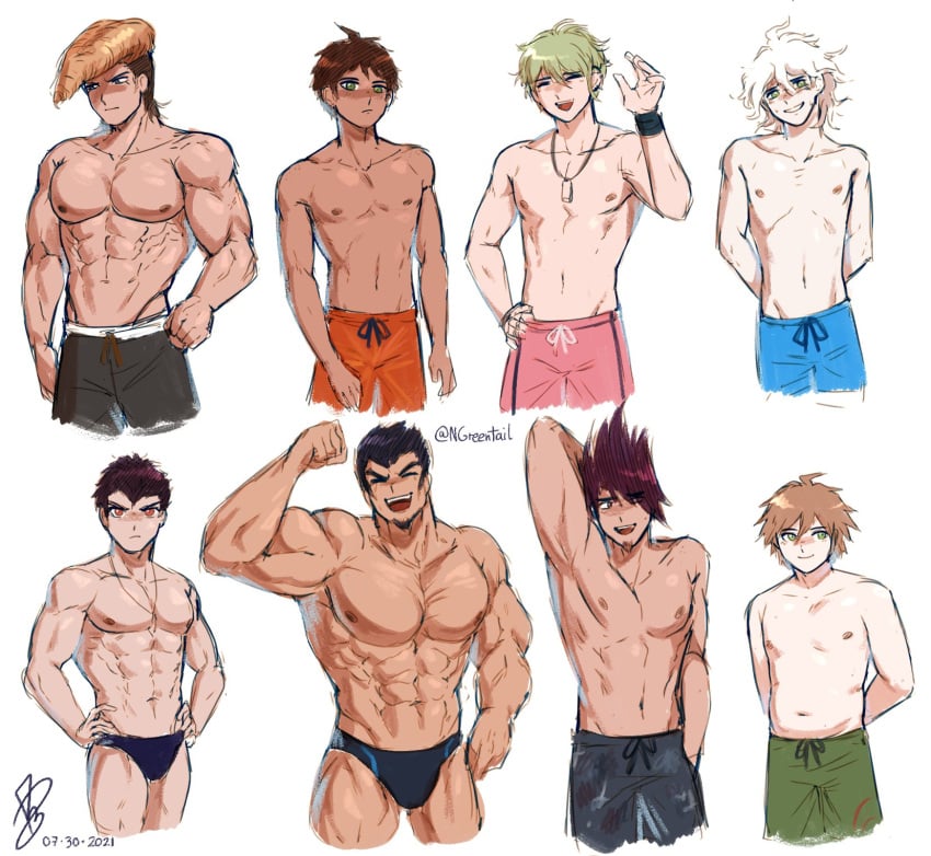 2021 8boys abs artist_name artist_signature bara belly biceps chubby chubby_male danganronpa danganronpa:_trigger_happy_havoc danganronpa_2:_goodbye_despair danganronpa_s:_ultimate_summer_camp danganronpa_v3 dark-skinned_male dark_skin fit flexing_bicep hinata_hajime kiyotaka_ishimaru male male_only momota_kaito mondo_oowada multiple_boys muscles muscular muscular_male naegi_makoto nagito_komaeda ngreentail nidai_nekomaru pale-skinned_male pale_skin pecs plump pompadour pose rantaro_amami speedo straight_hair swimsuit swimwear tan tan_skin twitter_username white_background