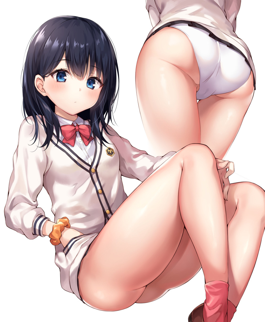 ale_nqki ass bangs bent_knees black_hair black_skirt blue_eyes blush bow bowtie breasts buttons cameltoe cardigan closed_mouth female female_only hand_in_pocket high_resolution hip_focus hips knees_up legs legwear light_background lingerie long_hair long_sleeves looking_at_viewer medium_breasts medium_hair microskirt miniskirt multiple_views panties pantsu pleated_skirt red_bow red_legwear red_neckwear school_uniform scrunchie short_hair simple_background sitting skirt socks solo ssss.gridman sweater swept_bangs tagme takarada_rikka thighs underwear very_high_resolution white_background white_panties white_sweater white_underwear wrist_scrunchie