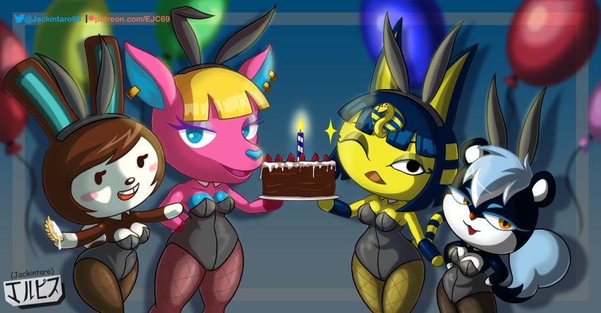 2021 animal_crossing ankha anthro birthday bunny_girl bunnysuit cake carmen_(animal_crossing) catgirl deer digital_media_(artwork) egyptian fuchsia_(animal_crossing) furry jackintaro nintendo squirrel tasha_(animal_crossing)