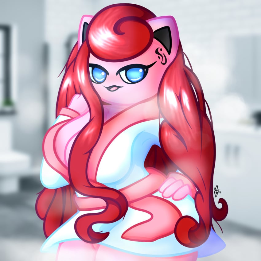 1girls 2021 anthro anthrofied bath bathrobe bathroom blue_eyes breasts female game_freak jigglypuff katie_(puffylover69) nintendo pokemon pokemon_(species) puffylover69 red_hair self_upload solo tattoo